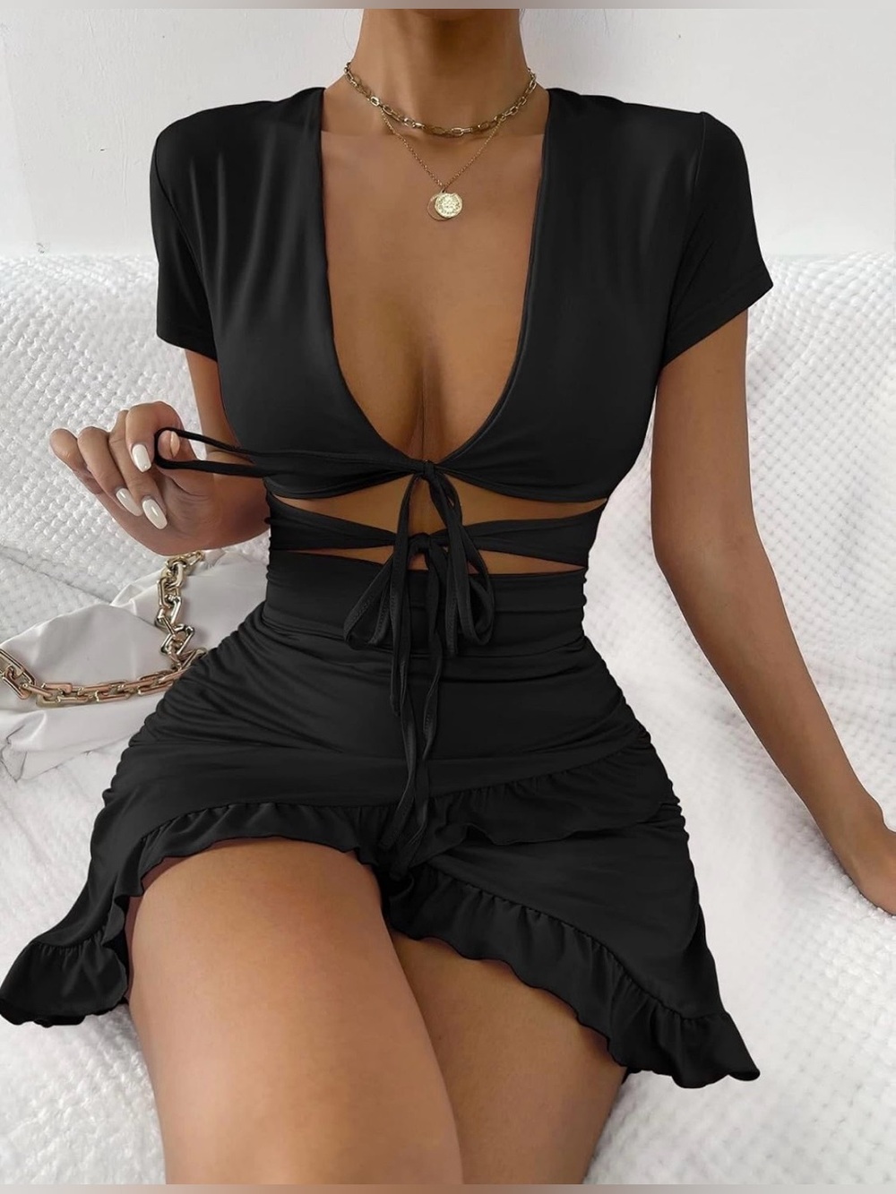 Black Cutout Tie-Front Ruffle Mini Dress